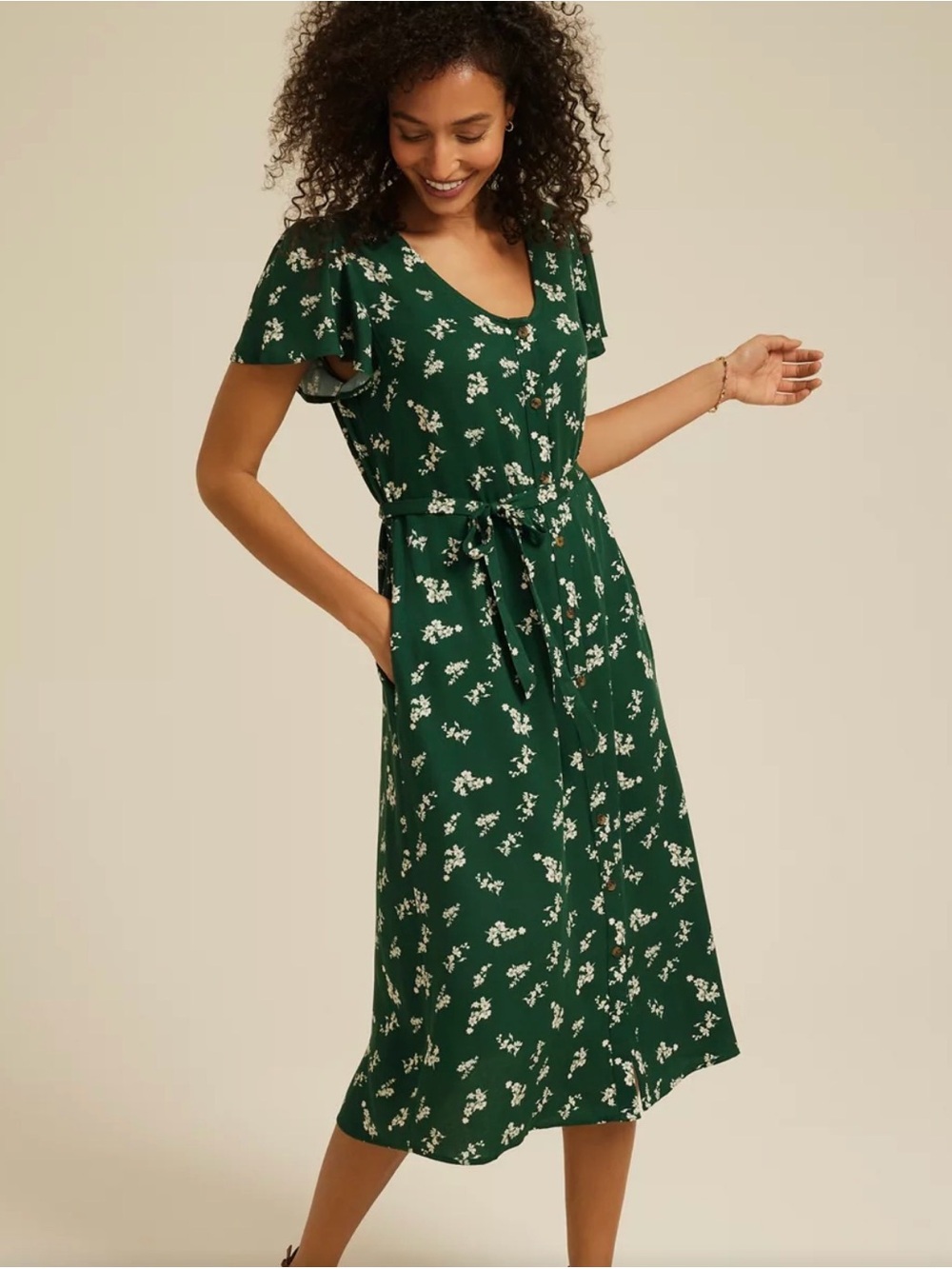 Maurices Forest Green Floral Tie-Waist Midi Dress
